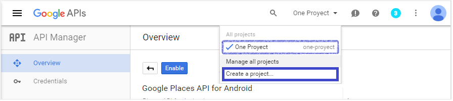 GooglePlaces - Create New Project