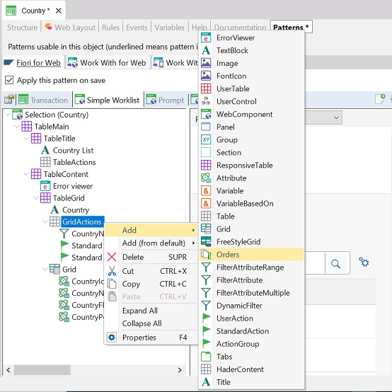 Adding Orders to GridActions node in Fiori for web pattern for Simple Worklist floorplan