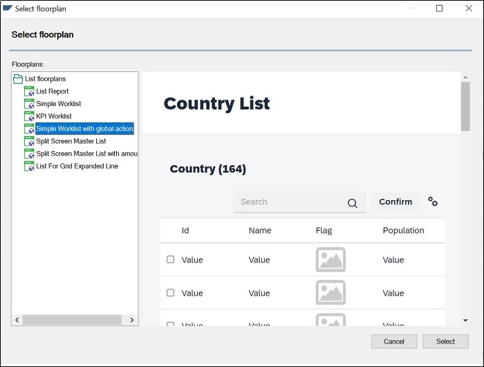 GeneXus For SAP Systems Simple Worklist with global action Select Floorplan v18u4