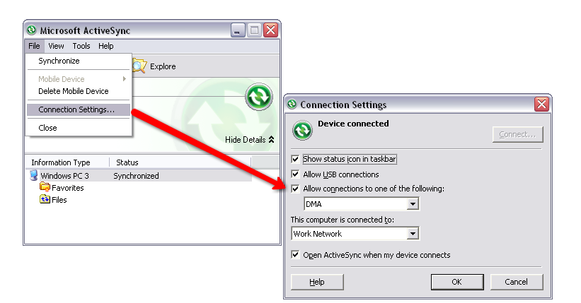 Allow DMA connections in ActiveSync 4.1 or latter
