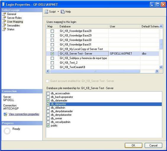 GeneXus X Server permissions on Knowledge Base Data Base