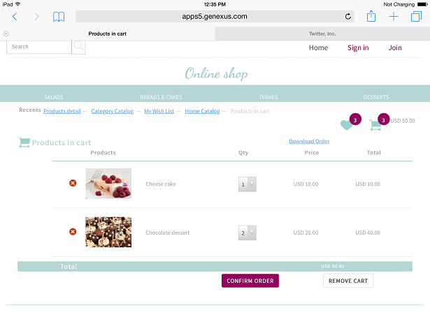 Online Shop Sample product cart - tablet