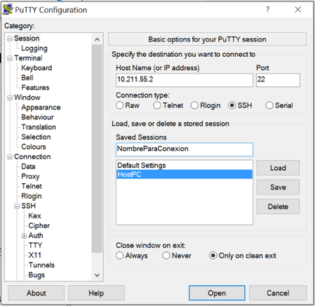 PuTTY new connection