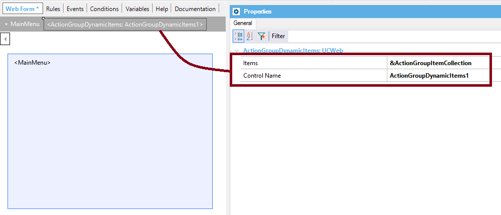 Dynamic items group properties