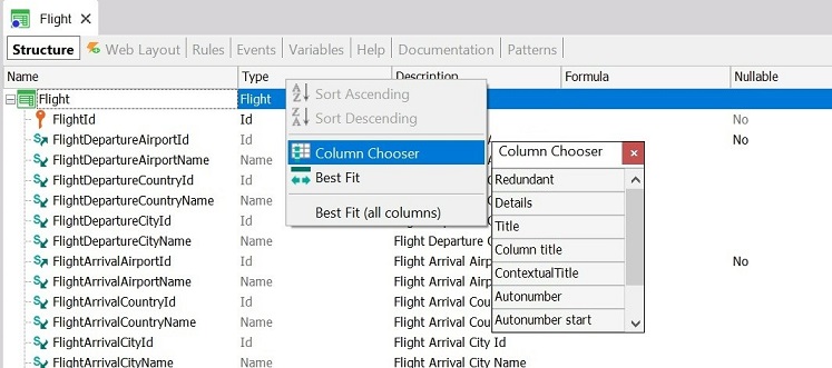 Structure Editor Column Chooser V17