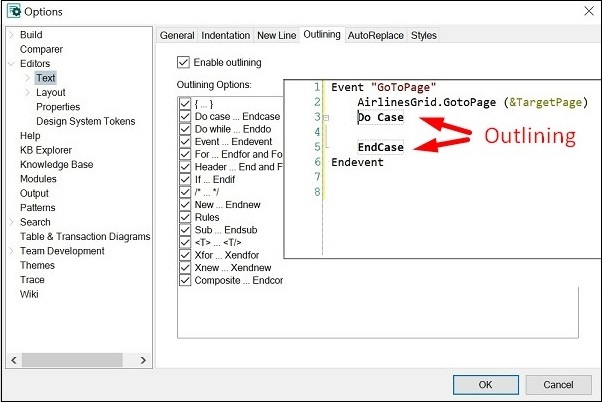 Options - Outlining tab - Do Case example - GeneXus 17