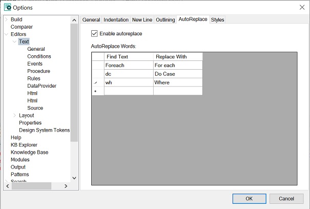 Tools options - editors - Autoreplace v17