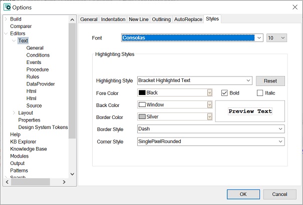 Tools options - editors - Styles v17