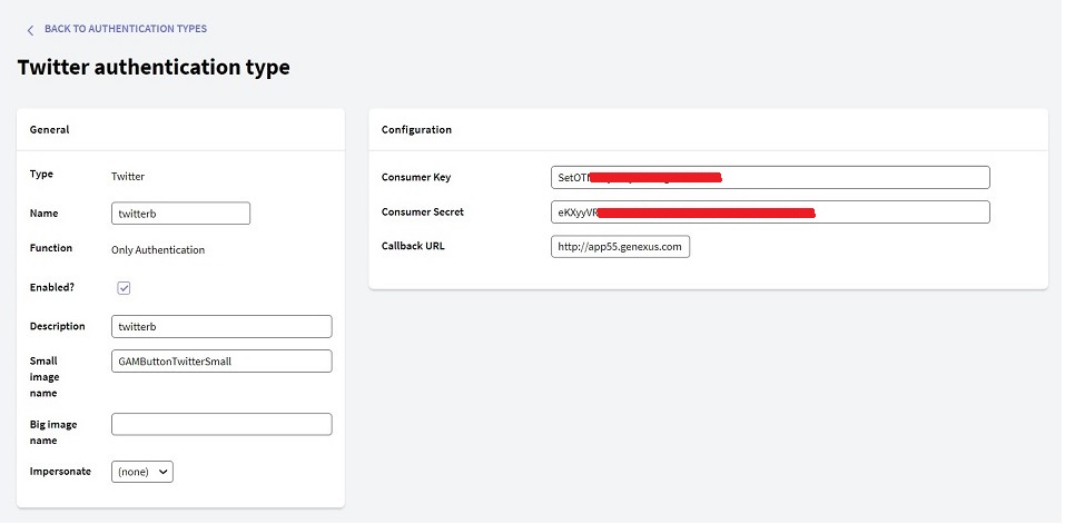 Twitter authentication type - gam - v18