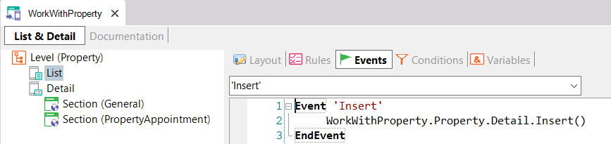 Work With and Panel tabs - Events tab
