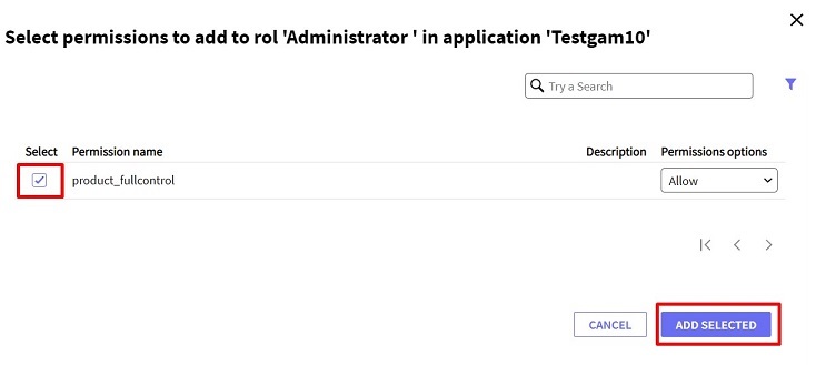 Adding permissions to a role - add selected permission- GAM-V18