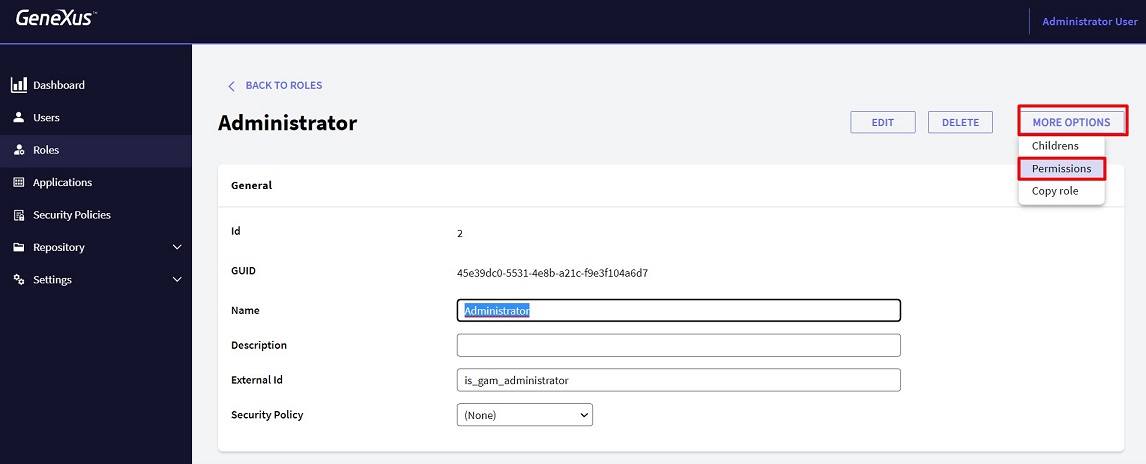 Adding permissions to a role edit role-GAM-V18