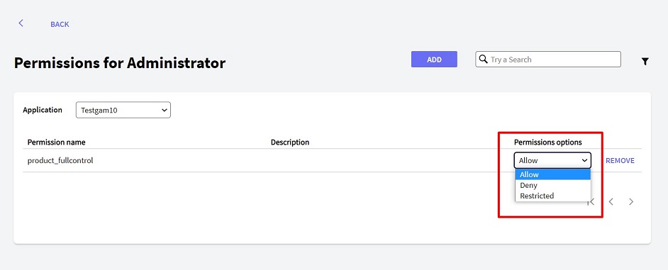 Adding permissions to a role-permissions options-GAM-V18