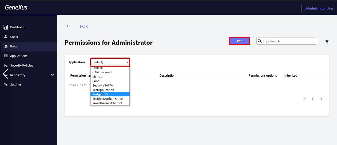 Adding permissions to a role-select application-GAM-V18