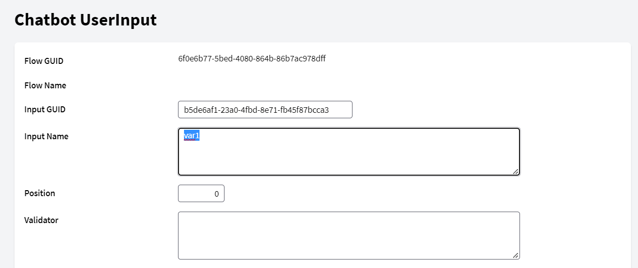 Chatbot dynamic - User input configuration - Input Name - v18