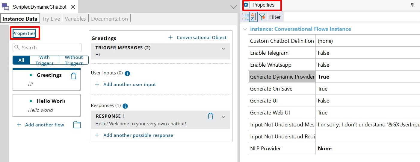 dynamic chatbot - properties window - v18