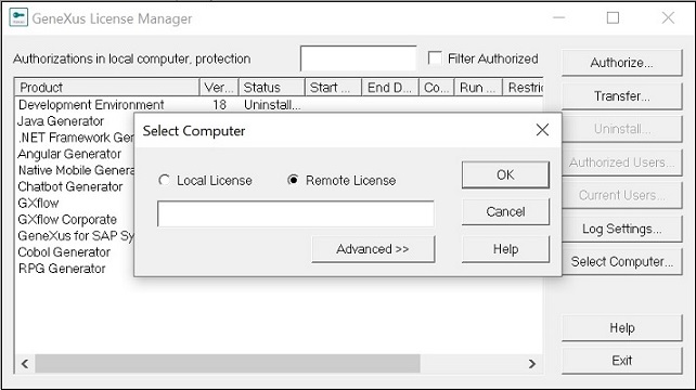 GeneXUs Licence Manager v18 - Remote