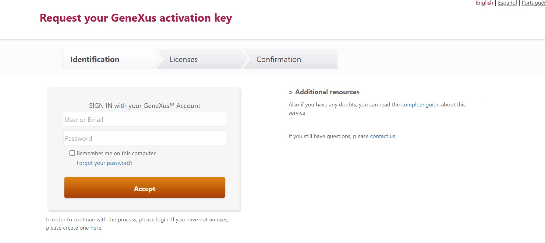 Request activation key -online - log in v18