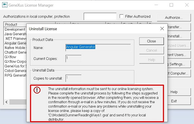 Send key by email to distributor - uninstall licenses - v18