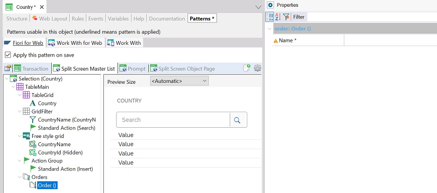 Name the new order added to Split Screen master List Fiori for web pattern v18u3