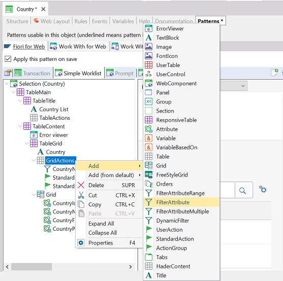 Add filters in GridActions node of the Fiori for web pattern SimpleWorklist