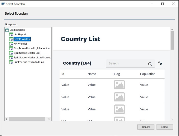 Select Floorplan Simple worklist Fiori for Web Horizon v18u4