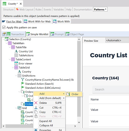 How to add an Order in the GridsActions node for the SImpleWOrklist floorplan- Fiori Horizon v18u4