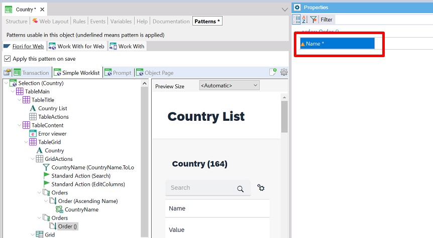 Name the order created in GridActions node for Simple worklist floorplan - Fiori Horizon v18u4