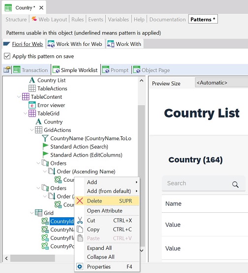 Delete an attribute in Grid node of Fiori for web pattern - SImple WorklistHorizon v18u4