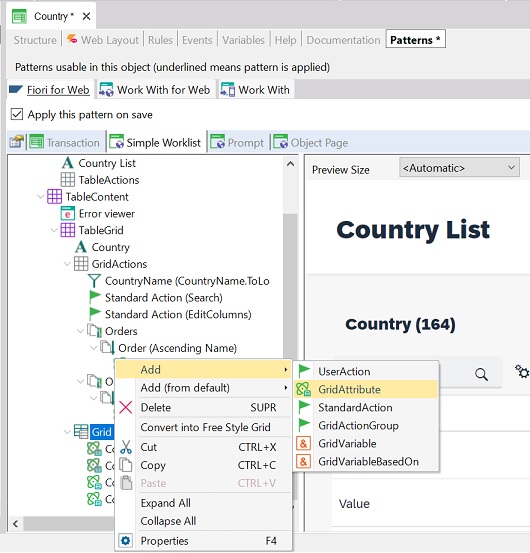 Add an attribute in Grid node of Fiori for web pattern - SImple Worklist Horizon V18u4