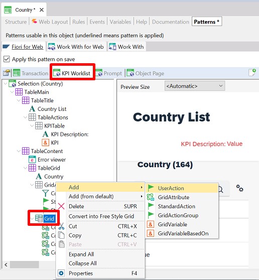 Adding User action on the grid node of the KPI Worklist tab of Fiori for web Horizon v18u4