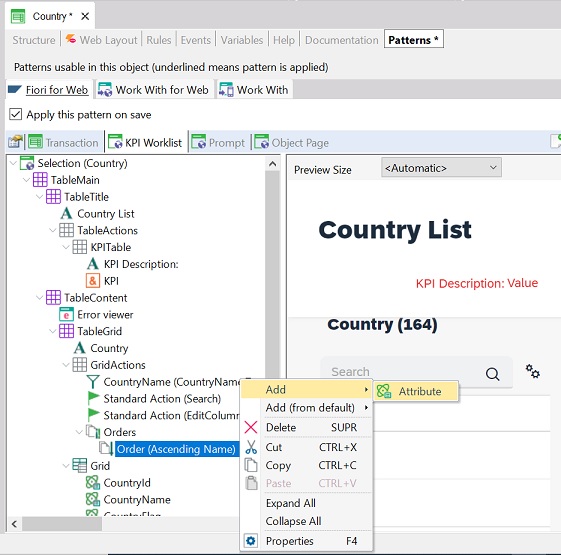 Add attribute to order in GridActions node for KPI Worklist in Fiori for web pattern v18u4 -1