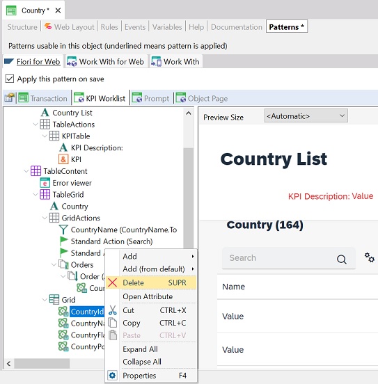 Fiori for web pattern Delete an attribute in a Grid of the pattern - v18u4 -1