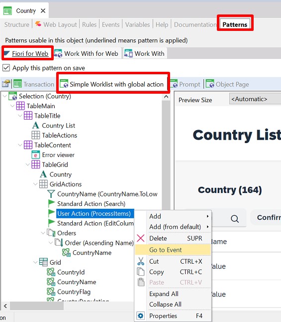 GoToEvent ProcessItems SimpleWorklist with global action - Fiori Horizon v18u4.