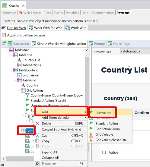 Add Grid UserAction SimpleWorklist with global action - Fiori for Web Horizon V18u4.