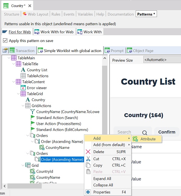 Add attribute in order, Fiori for web pattern, Simple worklist for global action Fiori Horizon v18u4