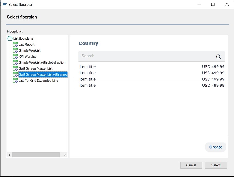 Select Split screen master list with amount floorplan v18u4