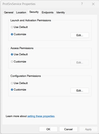 Protect Services Properties window to configure Protection Server