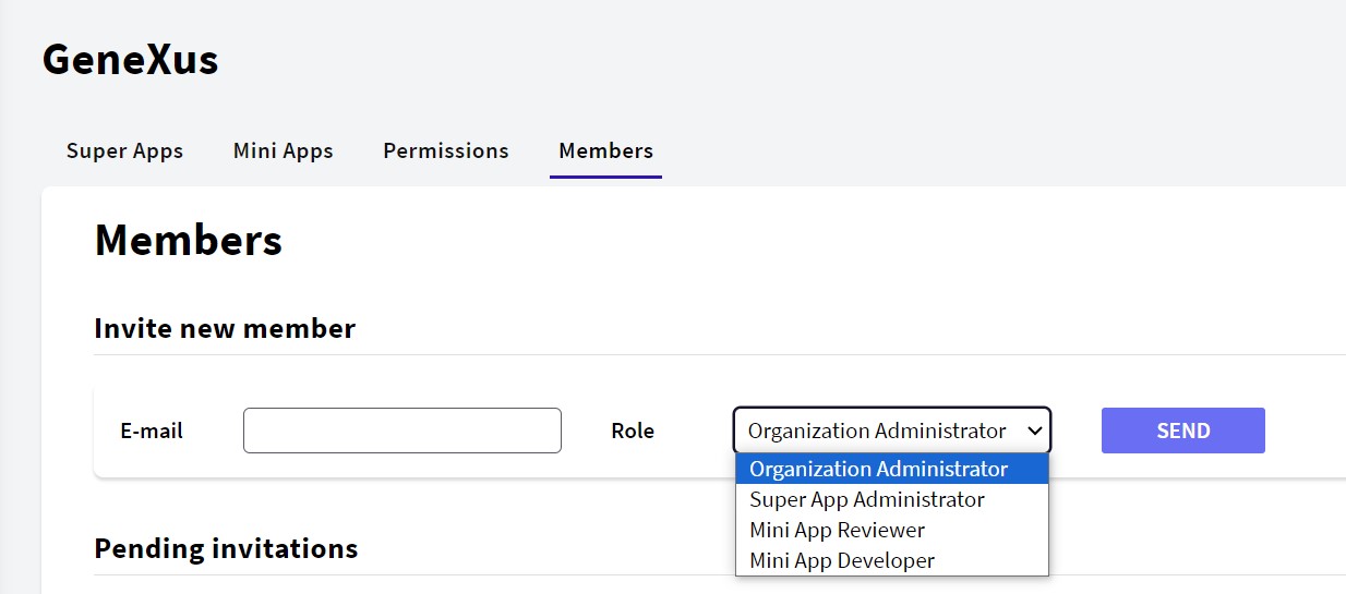 Mini App Center - Provisioning Administrator inviting members