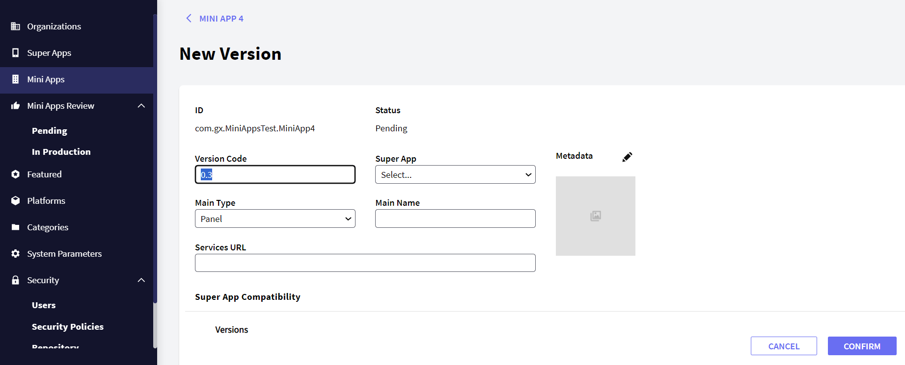 new Mini App Version configuration