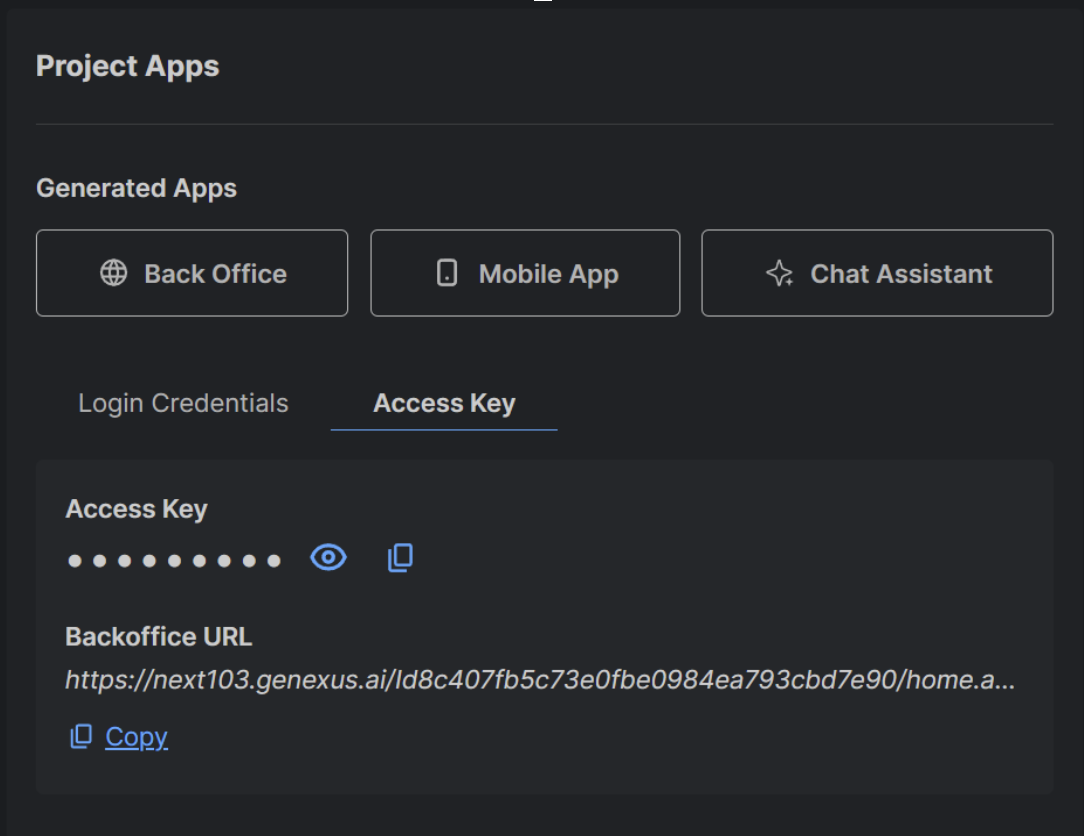 GeneXus GEMA - GeneXus Next Access Key and Back Office URL