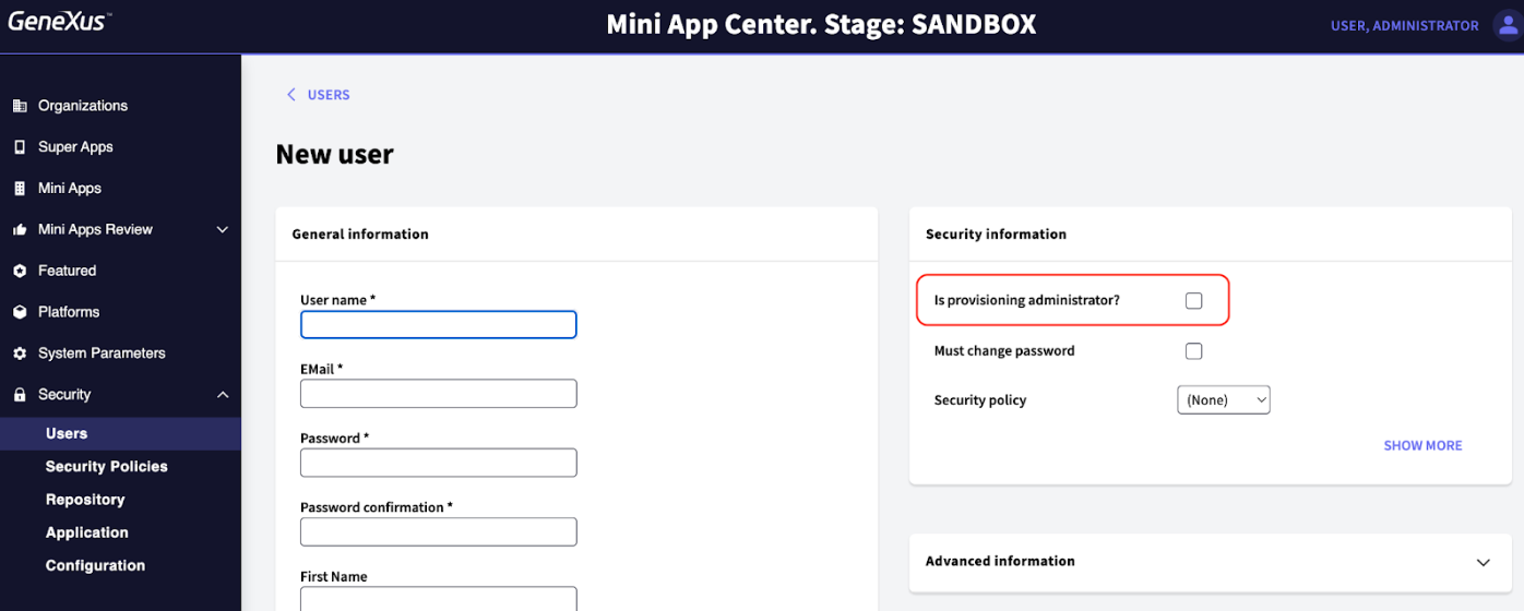 Creating Users with Provisioning Administrator Role in the Mini App Center