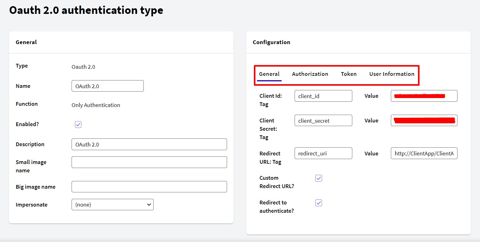 OAuth 2.0 Authentication Type configuration