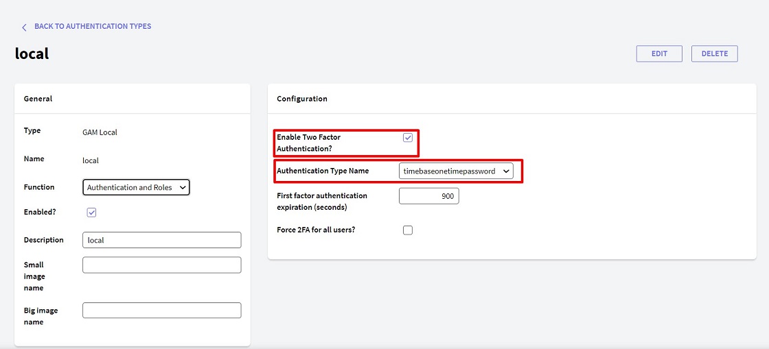 Enable Two factor authentication - Authentication type name - v18