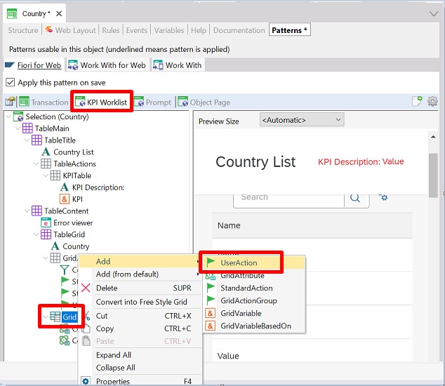 Adding User action on the grid node of the KPI Worklist tab of Fiori Pattern 3.0