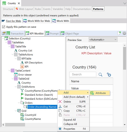Add attribute to order in GridActions node for KPI Worklist in Fiori for web pattern v18u4.
