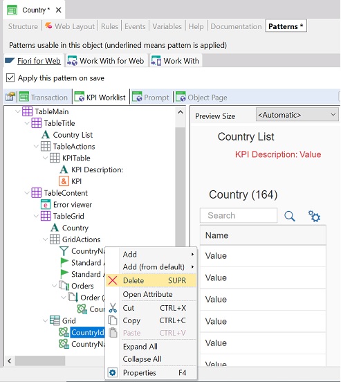Fiori for web pattern Delete an attribute in a Grid of the pattern - v18u4